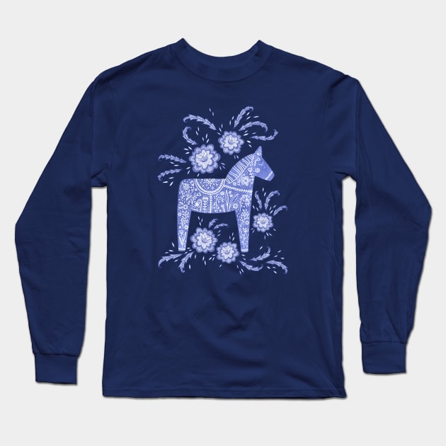 Swedish Dala Horse Blue Long Sleeve T-Shirt by NicSquirrell